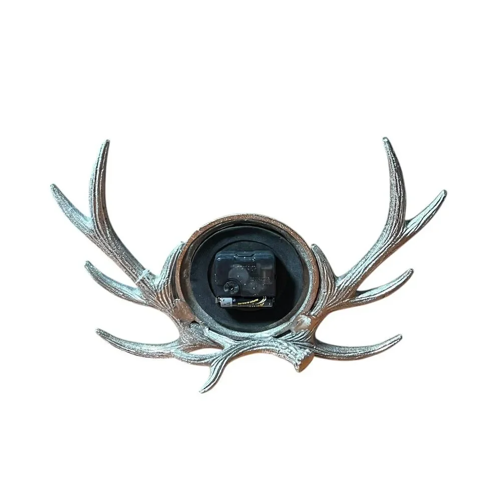 Governer's Time House Antler Mantel Clock Silver Metal Quartz Lodge Decor India
